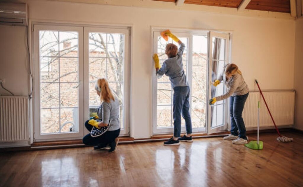 A woman removing dirt from urban apartment windows