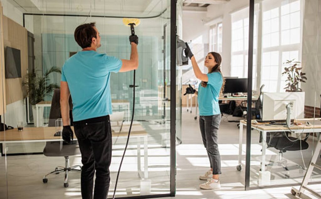 Expert office cleaning team with professional tools