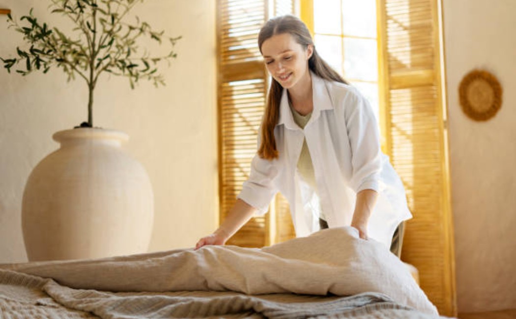 Housekeeper making a bed in a hotel room with fresh linens