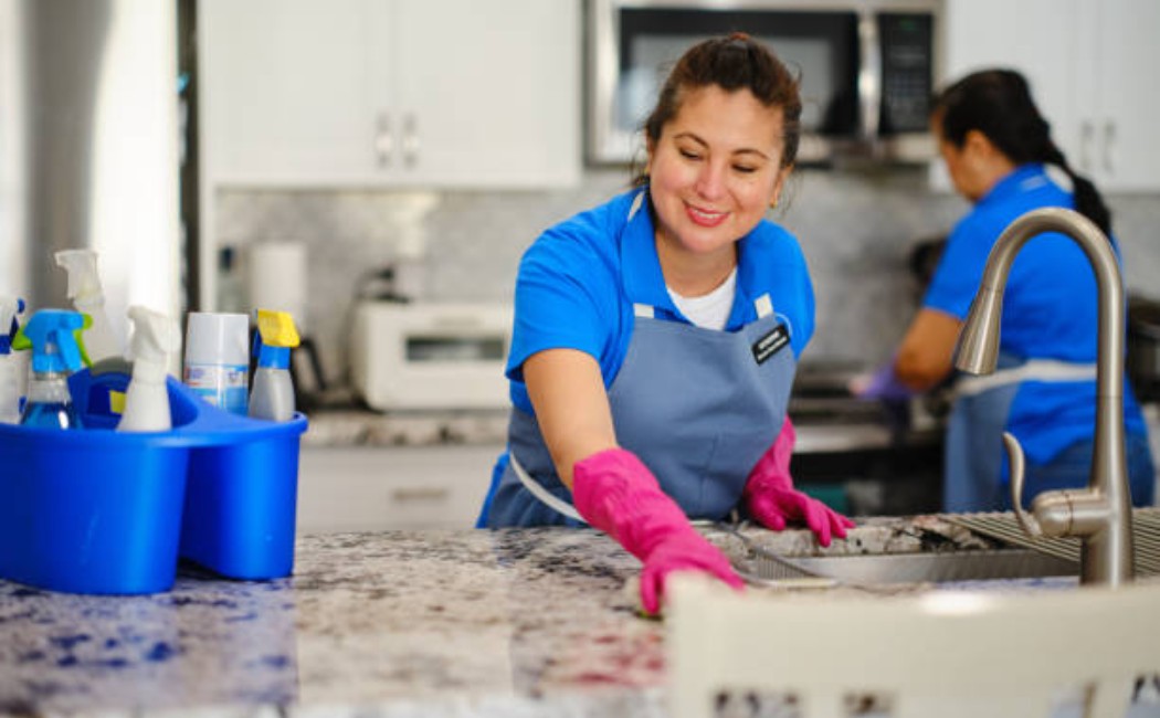 Professional house cleaners working in a modern living room