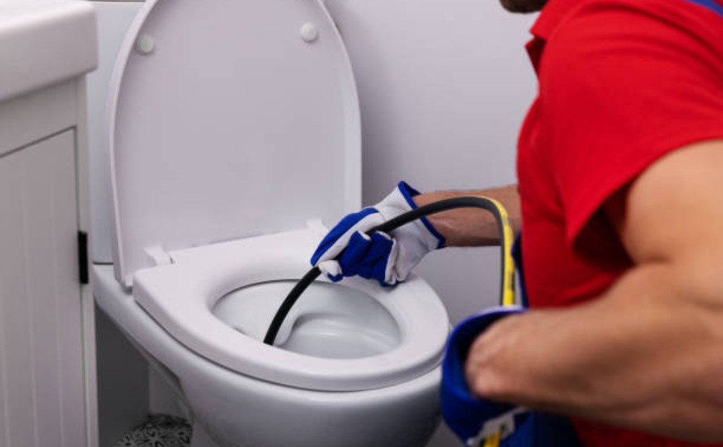 Plumber using hydro-jetting to clear a blocked toilet drain in the bathroom
