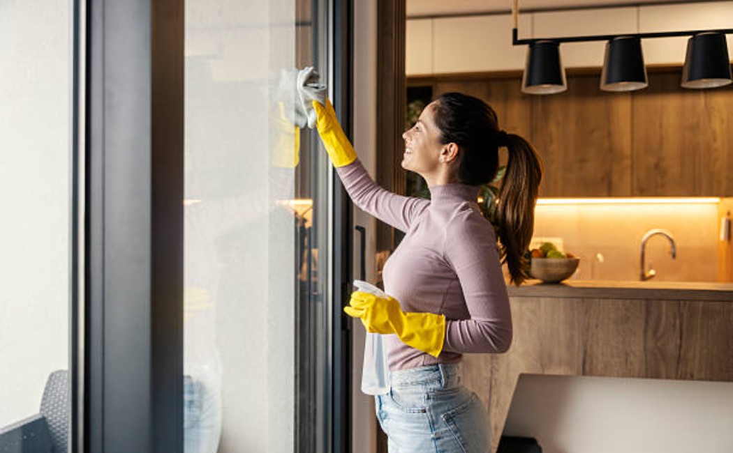 Home cleaning appointment in progress with window detergent