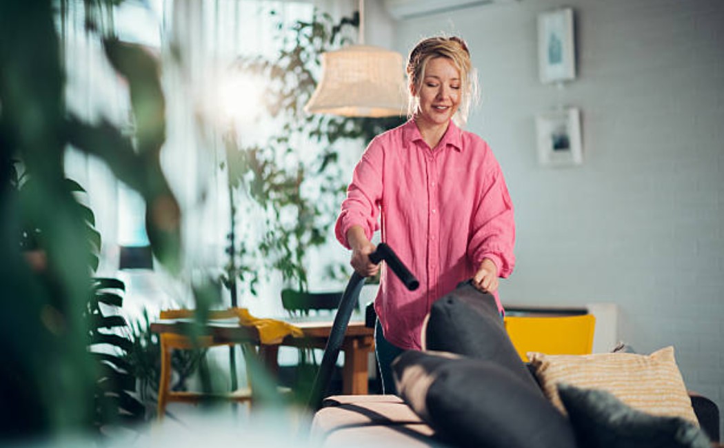 Female cleaning an upholstered sofa with a vacuum in the living room